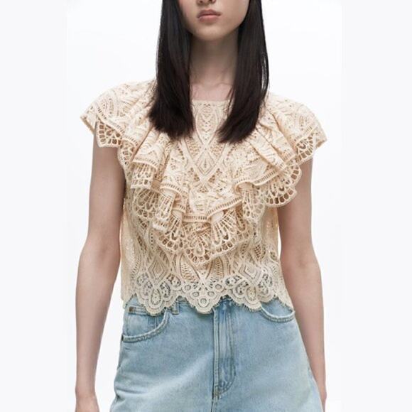 ZARA Ruffled Lace Top NWT Cream Size M - Picture 14 of 16